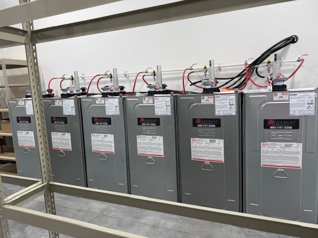 Full Roth tank bank with safety vents, regulators, and mounted accessories.